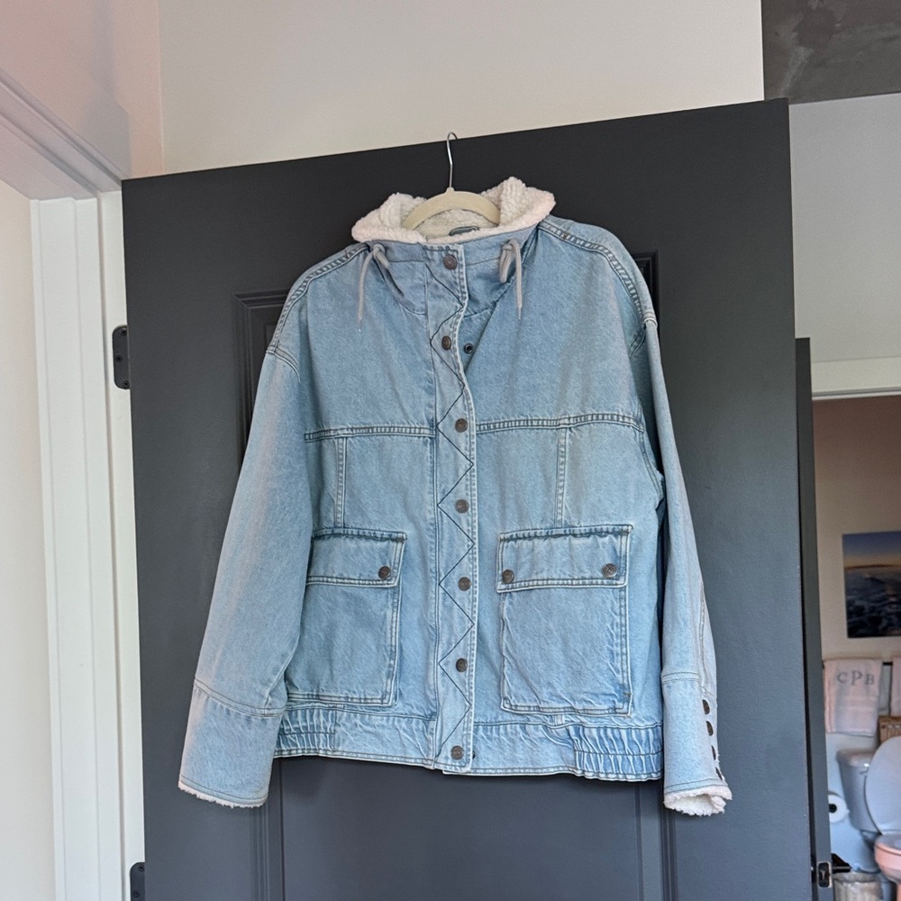We The Free Cream Sherpa-Lined Denim Jacket